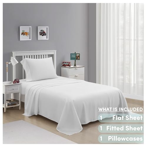 Heritage Kids 3-Piece Twin Sheet Set,White, Includes Top Sheet, Fitted Sheet & Pillowcase,Ultra-Soft Microfiber Kids Bed Sheet Set Heritage Kids
