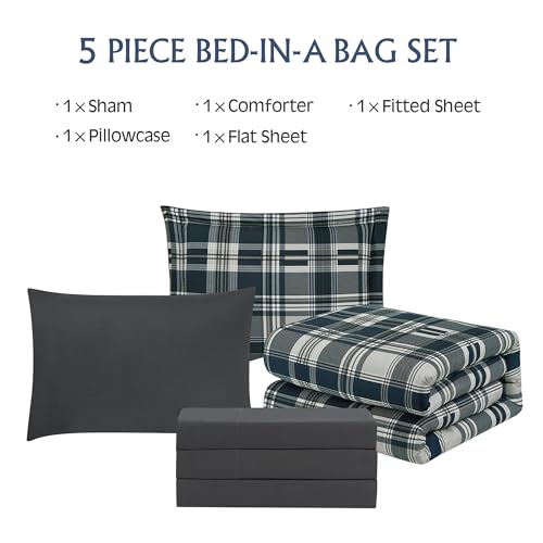 MaiRêve Navy Blue Twin XL Comforter Set, Twin XL Bedding Sets for Boys Girls 5 Pieces for Dorm Farmhouse All Season Lightweight &Comfy with Fitted Sheet, Flat Sheet (Navy Blue, Twin XL, 66"x90") MaiRêve