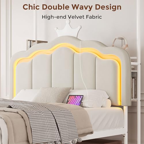 Full Velvet Upholstered LED Canopy Bed Frame with 2 Storage Drawers and Charging Station, Crown Headboard with Bookshelf, Two-Use Princess Platform Bed with 4 Removable Posts,Metal Slats Support-Beige