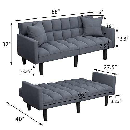 JUMMICO Modern Tuft Futon Sofa Bed Couch Convertible Loveseat Sleeper Reclining Futon Twin Size with Arms and 2 Pillows for Living Room (Blue) JUMMICO