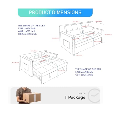 3 in 1 Convertible Sleeper Sofa Bed, Futon Couches for Living Room with Side Pocket | Adjustable Backrest| Velvet Fabric | Pull Out Couch | Love seat Sofa|2-seat Sofa Bed (Black) Generic