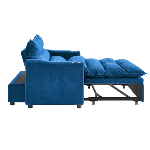 3 in 1 Convertible Pull Out Sleeper Sofa Couch Bed, 56.3" Velvet Futon Loveseat Lounge Chaise Recliner Sofabed with Adjustable Backrest & Cupholders and Cloud Cushions Eafurn