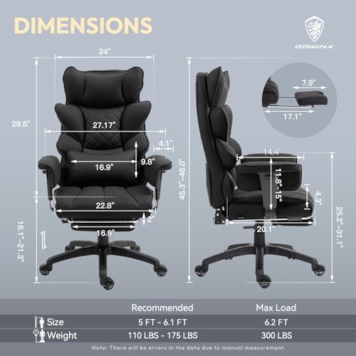 Dowinx Big and Tall Office Chair with Pocket Spring Cushion,High Back Computer Gaming Chairs with Adjustable Armrests,Executive Desk Chairs with Lumbar Support and Footrest,Fabric-Black Dowinx