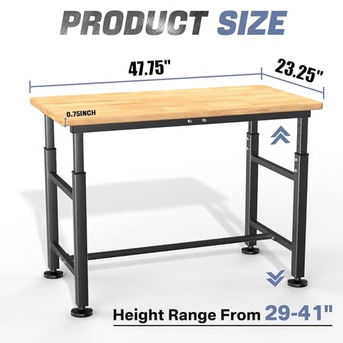 WALMANN Heavy Duty Adjustable Height Workbench 47.75" x 23.25", Rubber Wood Top Work Table for Garage, Workshop, 2000 lbs Load Capacity WALMANN