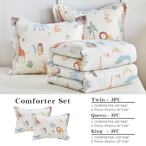 Joyreap 3pcs Cotton Queen Size Comforter Set for Kids Boys Girls, Zoo Theme Animals White n Brown Design, Soft n Cozy 3 Pieces Bedding Comforter Set for All Season- 88x88 inches Joyreap
