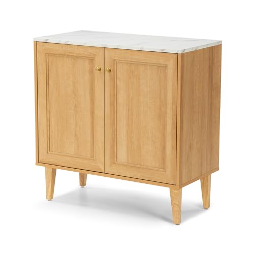 EYYTHUNG Storage Cabinet Sideboard Buffet Cabinet, Modern Accent Cabinet with Faux Marble Top & Adjustable Shelves, Wooden Credenza, Console Table Entryway Cabinet for Living Room, Oak EYYTHUNG