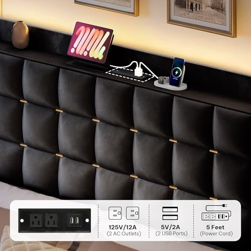 YITAHOME King Size Bed Frame with 4 Drawers and RGB LED Lights, Velvet Upholstered Platform Bed with Charging Station and Storage Headboard, No Box Spring Needed, Easy Assembly, Noise-Free, Black YITAHOME