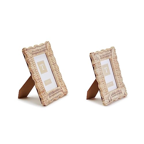 Two's Company 2-Piece 4" x 6" and 5" x 7" Rattan Photo Frame Set, Hand Woven Wicker Weave Natural Wood Rustic Boho Decor Frames Two's Company