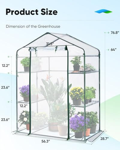 Quictent 56x29x77 in Portable Walk-in Greenhouse Mesh Door 3 Tiers 4 Shelves, Garden Plant Green House for Indoor Outdoor , 8 Stakes 4 Ropes, Clear Quictent