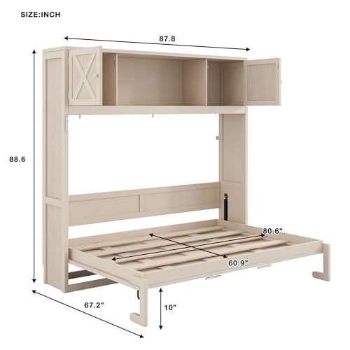 Merax Queen Size Murphy Bed with Storage Cabinets, Rustic Solid Wood Wall Bed with 3 Cabinet Shelves, Space Saving Foldable Bed Frame for Studio Apartment, Guest Room, Home Office, Beige
