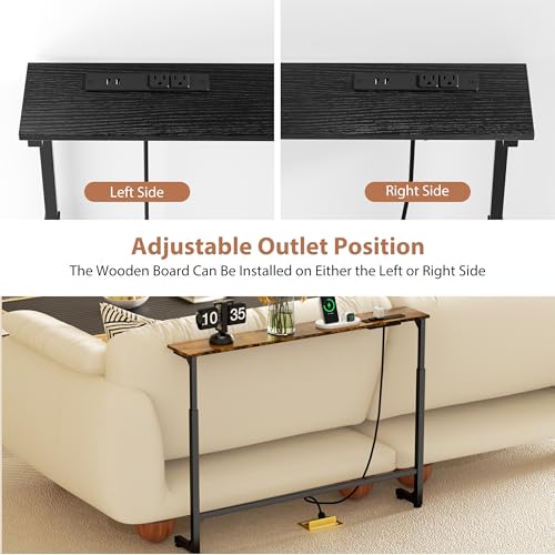 GRLEAF 39" Adjustable Height Narrow Console Table with Power Outlets, Long Sofa Table with Charging Station Behind Couch Table Skinny Entryway Table for Living Room, Hallway and Office – Black GRLEAF