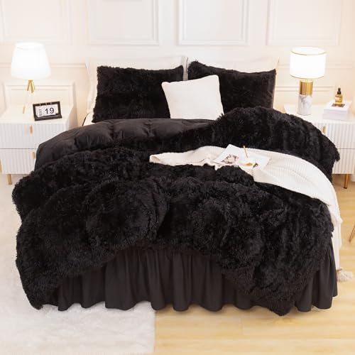Andency Queen Comforter Set Black, Fluffy Winter Faux Fur Warm Soft Plush Bedding Comforter Set (1 Velvet Comforter & 2 Pillowcases), Fuzzy Thick Heavy Puffy Comforters Bed Set Andency
