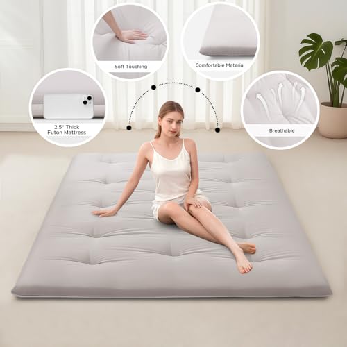 Japanese Floor Mattress, 100% Cotton 2.5" Thicken Foldable Futon Mattress Tatami Mat Sleeping Pad, High Density Foam, Ideal for Comfort and Support, Kids Floor Lounger Pillow Bed Sofa (Light Gray) SCHNAUZER HOME