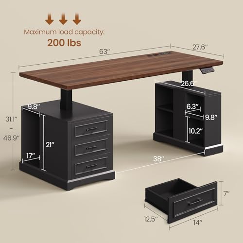 SEDETA Farmhouse Electric Standing Desk, 63" Height Adjustable Computer Desk with 3 Drawers, Storage Shelves, Power Outlets, Wood Home Office Stand up Desk for Work, Study, Writing, Black SEDETA