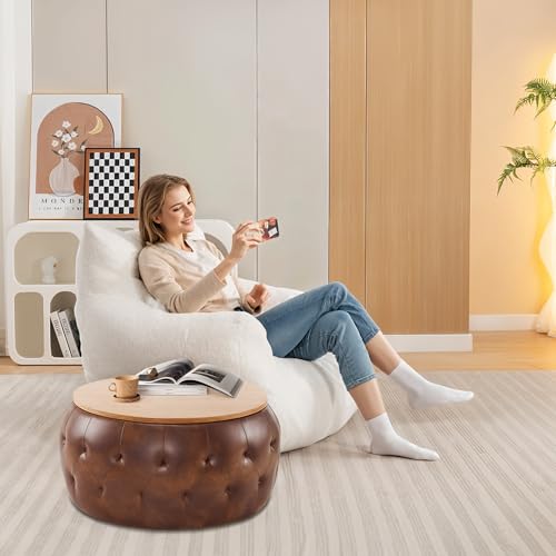 gusohey Round Storage Ottoman with Wooden Lid, Tufted PU Leather Circle Ottoman Footrest Stool Bench Coffee Table for Living Room,Brown gusohey