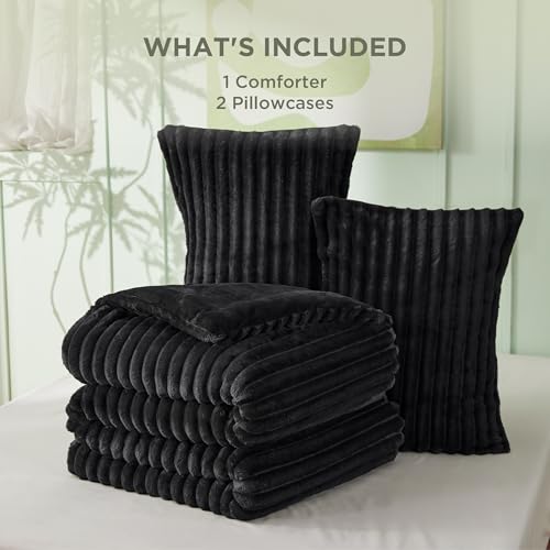 Bedsure Comforter Set Queen Size - GentleSoft™ 3 Pieces Double-Side Fleece Fluffy Black Comforter Set, Cozy Striped Room Decor Aesthetic, Luxury Bedding Queen Size, 2 Pillowcases, 90x90 Inches Bedsure