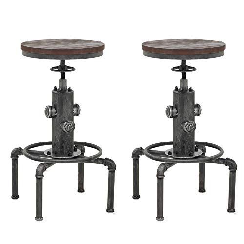 Topower Industrial Barstool,13" Solid Wood, Adjustable Height 23.6"-29.5", Counter Stool, Kitchen Cafe Pub Bar Stool, Set of 2, Silver Topower