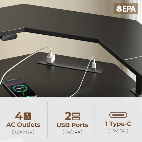 Rolanstar Standing Desk L Shaped with LED Light and Power Outlet, Electric Height Adjustable Computer Office Desk Sit Stand Up with Monitor Stand, Black Rolanstar