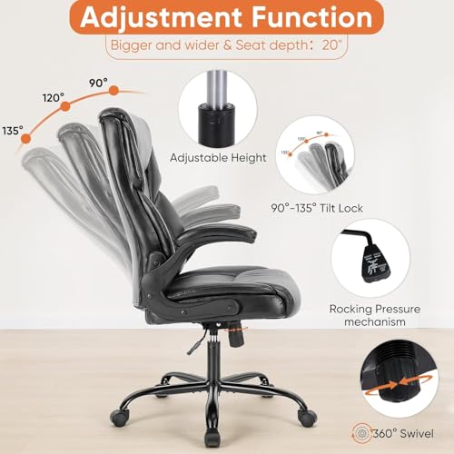 Sweetcrispy Computer Gaming Chair, Ergonomic High Back Heavy Duty Task Desk Office Chairs with Wheels, Flip-up Arms, Adjustable Height, PU Leather,Inky Sweetcrispy