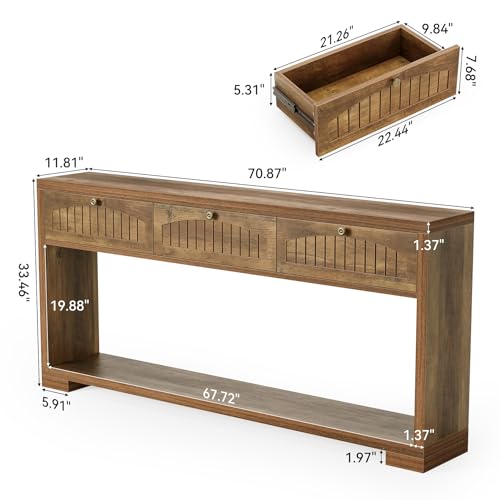 LITTLE TREE 70-Inch Console Table with 3 Drawers, Farmhouse Narrow Long Entryway Table for Behind Couch, Hallway, Sofa, Entry, Entrance, Living Room, Foyer with 2-Tier Open Shelves, Rustic Brown LITTLE TREE