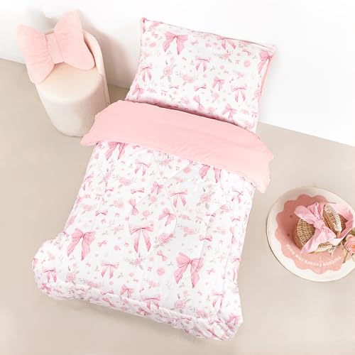Jundetye Toddler Bedding Set for Girls 4 Pieces Pink Rose, Soft Breathable Toddler Comforter Set, Bow Flower Print, Includes Reversible Comforter, Fitted Sheet and Flat Sheet, Pillowcase Jundetye