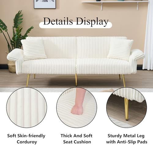 73" Convertible Futon Sofa Bed,Comfy Teddy Fabric Sleeper Couch with 3 Reclining Backrests,Golden Chrome Legs,Modern Cloud Sofa Loveseat for Small Living Room Office (White-Corduroy) Majnesvon