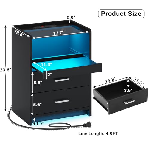 AOGLLATI LED Nightstand Set of 2 with Charging Station, Night Stand with Pull-Out Shelf, 2 Drawers, Bedside Table with LED Lights, Modern End Table with USB Ports Outlets, 2 Pack, Black AOGLLATI