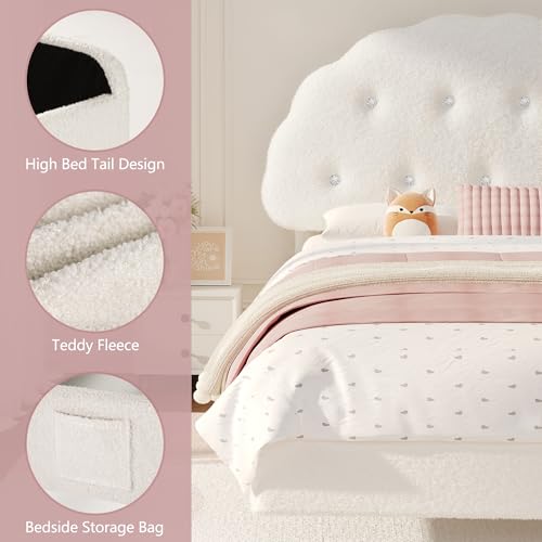 Decofy Cookie Full Upholstered Bed Frame with LED Lights, Floating Bed Frames with Adjustable Headboard and Raised Footboard for Princess/Prince Bedroom, Teddy Velvet(White) Decofy