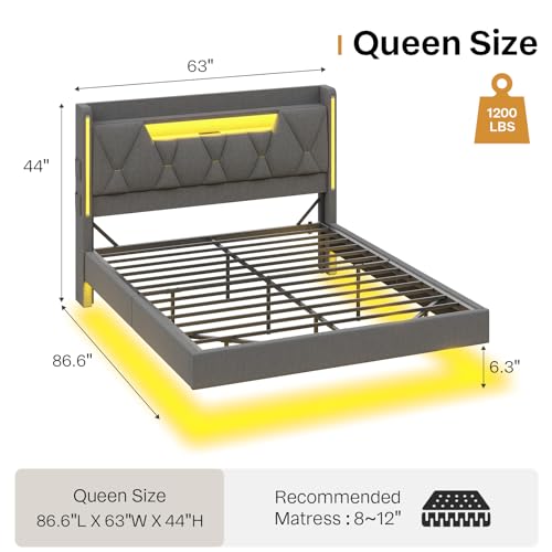 Dnxao Floating Bed Frame Queen with Hidden Storage Headboard, Heavy Duty Metal Platform with Dual Zone LED Lights & Charging Station, Noise Free No Box Spring Needed, Gray Linen Upholstered Dnxao
