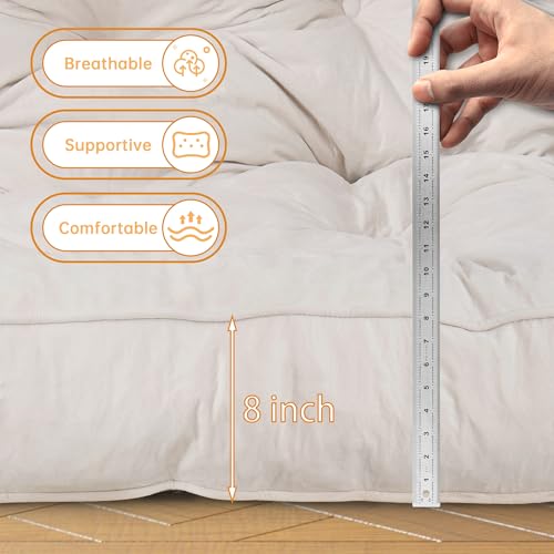 KOZIDO 8” Queen Size Futon Mattress Sofa Bed, Extra Thick Foldable Floor Mattress, Shredded Foam Filling for Adults/Teens/Pets with No Assembly Needed, Frame Not Included - Beige KOZIDO