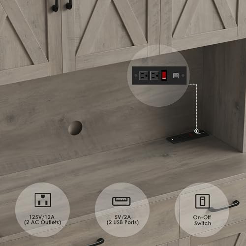 HOSTACK 71" Pantry Cabinet with Charging Station, Tall Kitchen Pantry Storage Cabinet with Microwave Stand, Farmhouse Kitchen Hutch with Storage Drawers for Living Room, Dining Room, Ash Grey HOSTACK