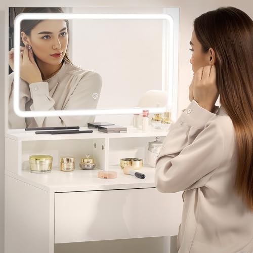Dowinx Small Vanity Desk with Mirror and Lights, Small Makeup Vanity Desk with LED Lighted Mirror, Makeup Table with 3 Lighting Modes & Adjustable Brightness, Dressing Table for Women Girls Bedroom Dowinx