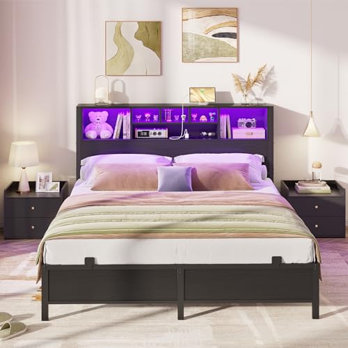 Homieasy Full Size Bed Frame with Bookcase Headboard, LED Lighting & Charging Station - Heavy Duty Metal Platform, No Box Spring Required Homieasy