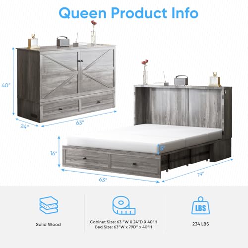 Mjkone Queen Size Murphy Bed with USB Charging Station, Farmhouse Murphy Cabinet with Tri-Folding Memory Foam Mattress, Modern Cabinet Beds with Large Storage Drawers for Living Room Home Office, Gray Mjkone