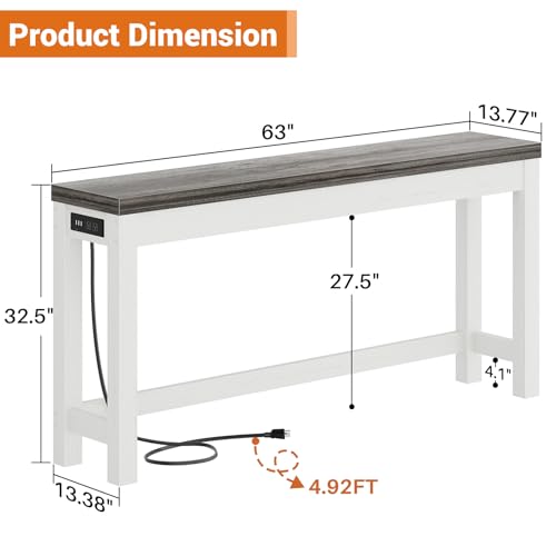 Cyclysio 63" Console Tables for Entryway, Long Console Tables for Living Room, Behind Couch Table, Sturdy Wood Support Farmhouse Entryway Table with 3AC+2USB Charging Station, Oak Grey Cyclysio