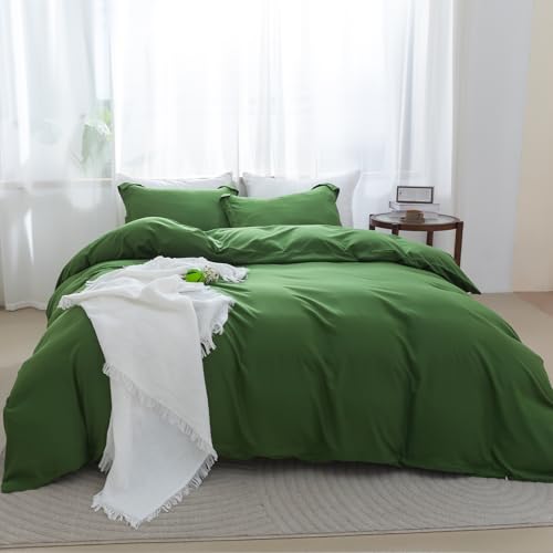 SheRest Olive Green Duvet Cover - Soft Brushed Microfiber, 3 Pieces, 1 Duvet Cover 80x90 Inches with Zipper Closure 8 Ties & 2 Pillow Shams, Breathable Bedding Set for All Season, Full (No Comforter) SheRest
