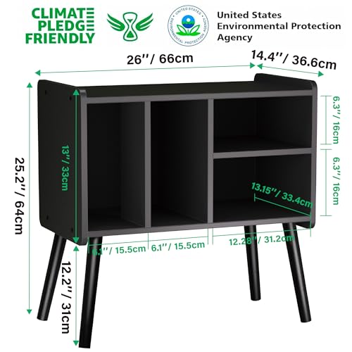 UODERS Record Player Table, Mid-Century Record Player Stand with Vinyl Storage Hold Up to 150+ Albums, Vinyl Record Cabinet with Adjustable Shelves, Wood Turntable Stand for Music Living Room (Black) UODERS
