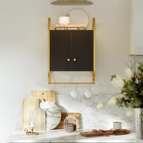 Bestier Floating Shelves for Wall, Bathroom Wall Cabinet with 2 Door and Towel Rack, Wall Shelves for Kitchen, Bedroom, Living Room, Bathroom, Office, Classic Black Bestier