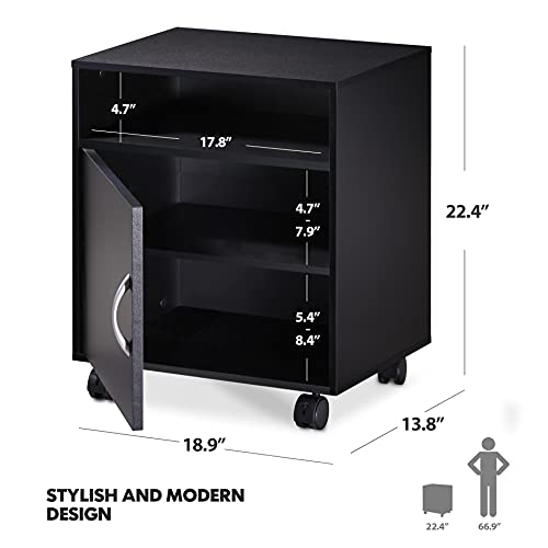 FITUEYES Mobile Printer Stand with Adjustable Storage Shelves, Wood Printer Cabinet with Door, Black Work Cart on Wheels for Home Office, 18.9" W x 13.8" D x 22.4" H FITUEYES