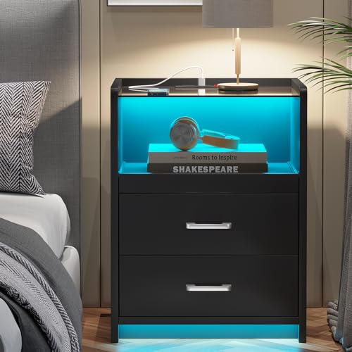 AOGLLATI LED Nightstand Set of 2 with Charging Station, Night Stand with Pull-Out Shelf, 2 Drawers, Bedside Table with LED Lights, Modern End Table with USB Ports Outlets, 2 Pack, Black AOGLLATI