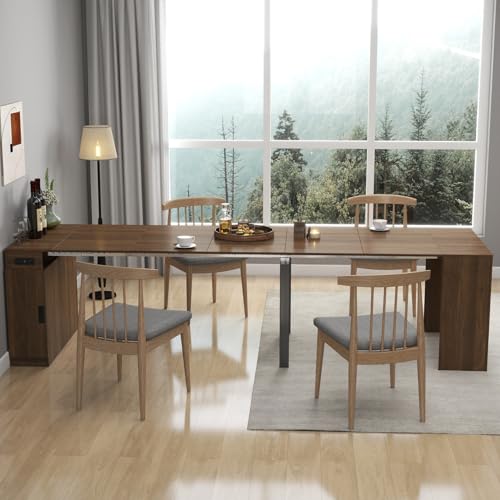 KEIKI 23.62”-118”L Extendable Foldable Dining Room Table with Storage Cabinet & Outlet, 1-10 People Wood Modern Rectangle Expandable Furniture for Kitchen Living Meeting Room, 6 Length Options KEIKI