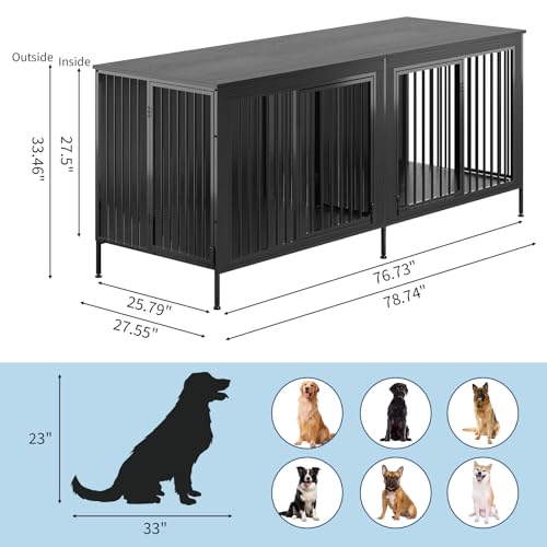 79โโ Double Dog Crate Furniture, Large Dog Kennel Indoor, Heavy Duty Double Dog Crates for Medium/Large Dogs, Dog Kennel Furniture Indoor As TV Stand, Rustic Black GAOMON