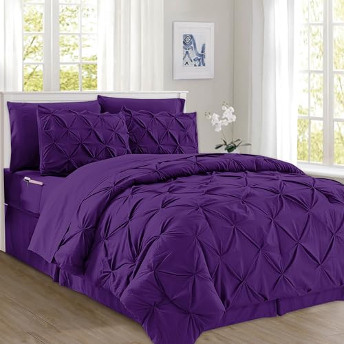 Elegant Comfort 8-Piece Pinch Pleated Comforter Set - All Season Complete Bed in a Bag, Includes 4pc Smart Sheet Set, Bed Skirt, Comforter, Matching Pillowcases and Shams, King/Cal King, Purple Elegant Comfort