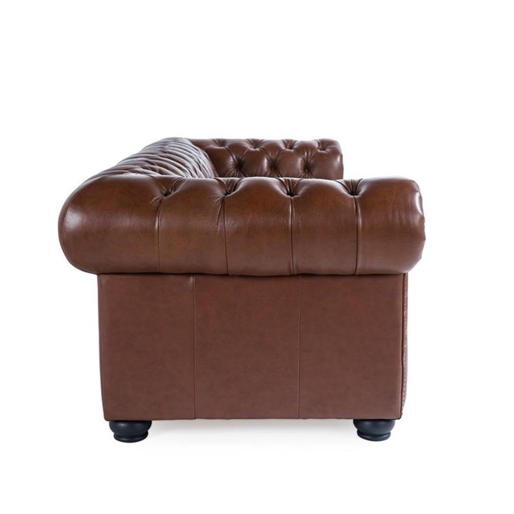 BOWERY HILL 95" W Traditional Leather Tufted Back Chesterfield Sofa with Removable Seat Cushions, Leg Assembly Required, for Living Room, in Chestnut Finish BOWERY HILL