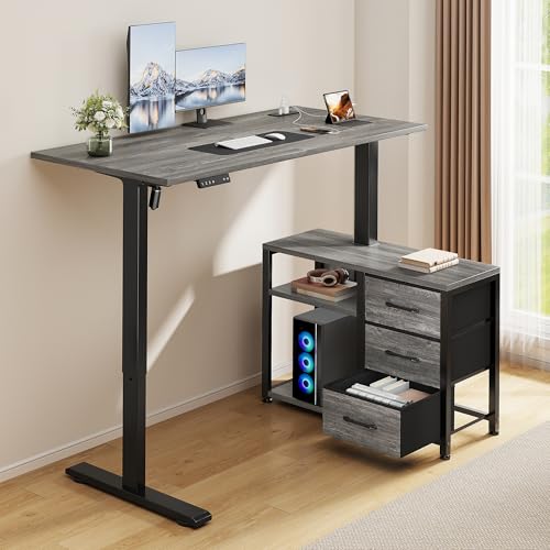 Homiflex 47 Inch L Shaped Standing Desk with 3 Drawers Electric Standing Desk with Storage Computer Desk Adjustable Height Desk with Power Outlets 4 Memory Presets for Home Office, Grey Homiflex