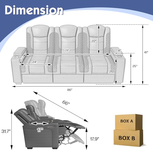 VanAcc Home Theater Seating, Power Movie Loveseat Recliner with USB & Wireless Charging, 3 Seats Leather Sofa Couch for Living Room Gaming, Electric Headrest, Tray Table, Ambient Lighting