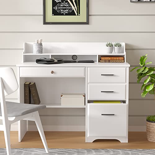 Catrimown Computer Desk with Storage Drawers and Hutch, 44 Inch Home Office Desks with 4 Drawers & Monitor Stand for Small Space, Small White Desk Writing Table Study Desks for Bedroom, White Catrimown
