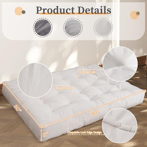 KOZIDO 8” Queen Size Futon Mattress Sofa Bed, Extra Thick Foldable Floor Mattress, Shredded Foam Filling for Adults/Teens/Pets with No Assembly Needed, Frame Not Included - Beige KOZIDO