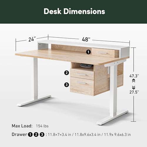 FEZIBO Electric Standing Desk 48 x 24 Inch with Monitor Shelf, 3 Drawers and Open Storage, Home Office Computer Workstation, Maple, 2 Packages FEZIBO