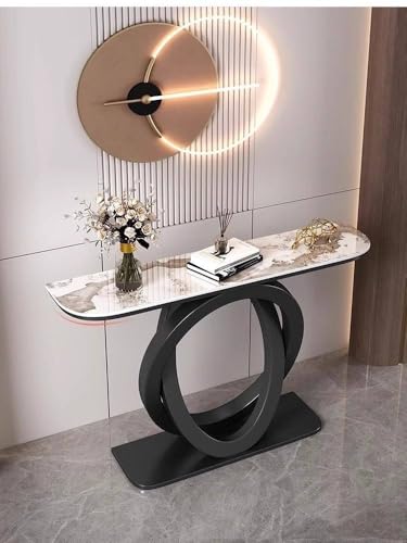 Modern Geometric Console Table with Easy-to-Clean Sintered Stone Top, Narrow Entryway Sofa Table for Hallway, Living Room, Foyer, Entrance(Brown+White,39.3"/100cm) wihgony